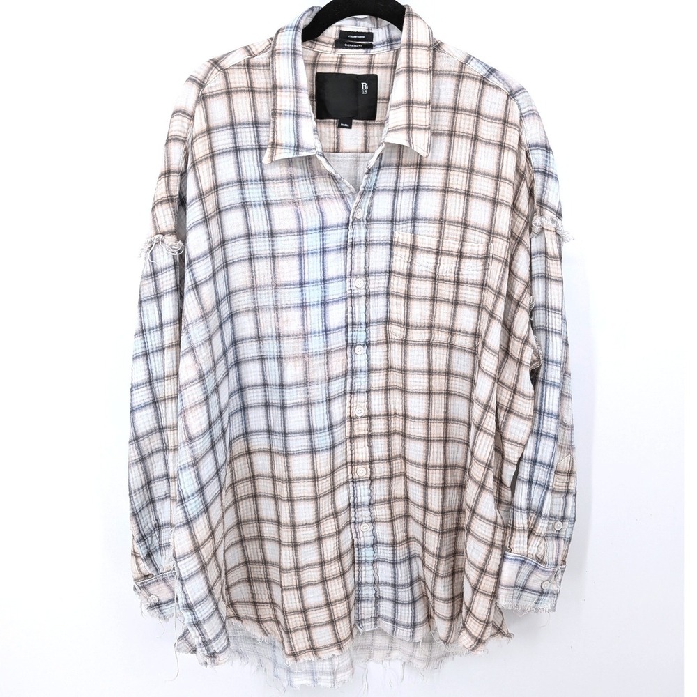 R13 Shredded Seam Drop Neck Shirt SS23 Blue Plaid Oversized Cotton Gauze Small